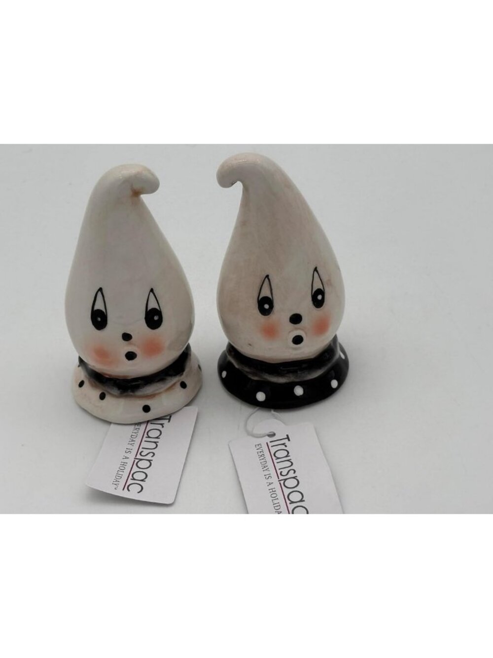 Spooky Ghost Salt & Pepper Shakers Set - White Ceramic with Black Polka Dots